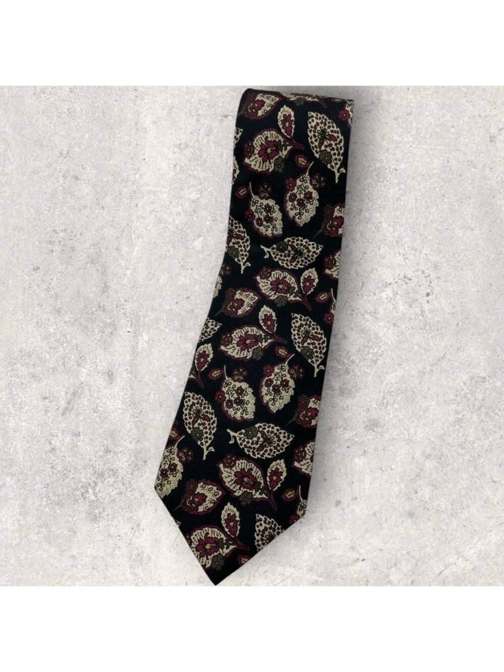 ED MITCHELL Silk Tie USA Black Ivory Burgundy Paisley W:3.7" EUC